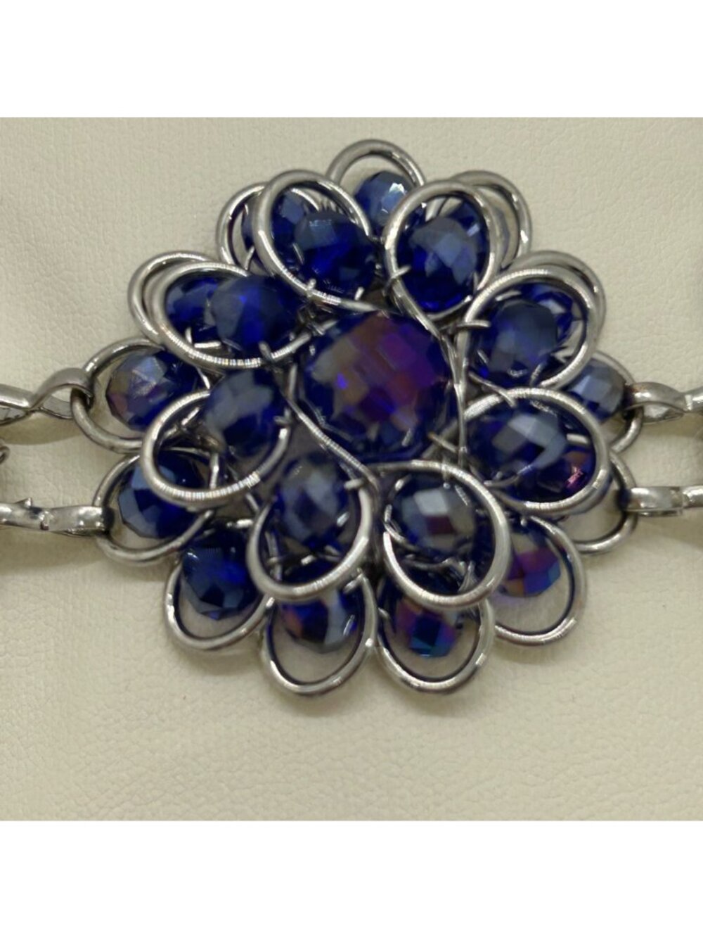 Handcrafted Silver-Tone Blue Rhinestone Crystal Floral Rosette Toggle Clasp Stat - Picture 3 of 12